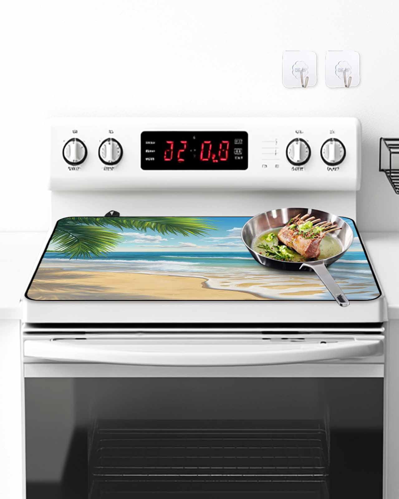 Stove Top Covers for Electric Stove, Summer Beach Glass Stovetop Cover Protector, Coastal Ocean Tropical Palm Trees Induction Cooktop Protector Oven Mat for Kitchen Countertop 24"x21"