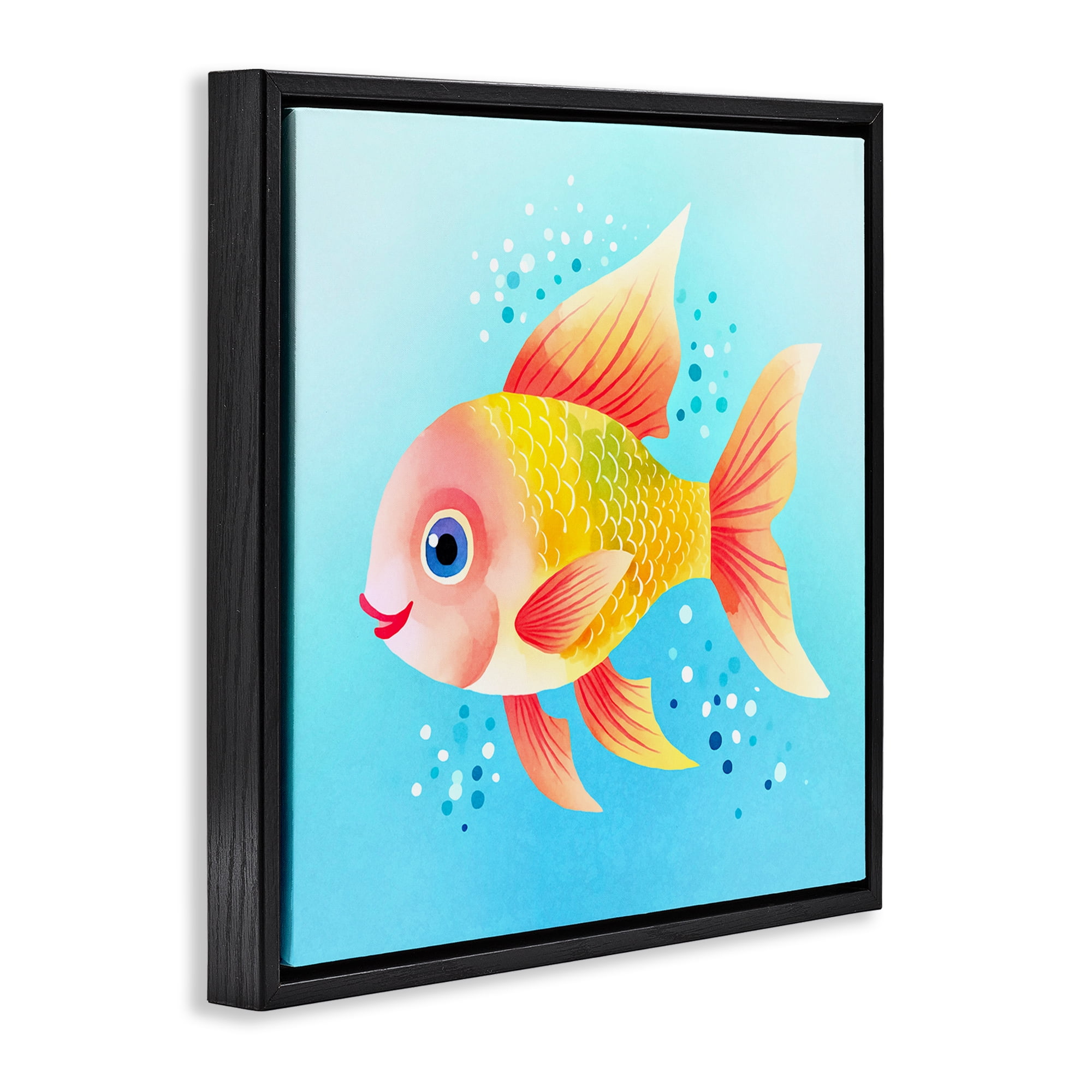 Stupell Industries Happy Fish with Speckles Animals Painting Black Floater Framed Canvas Art Print Wall Art, 18 x 18