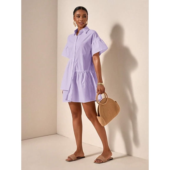 Purple Solid Front Button Ruffle Hem Short Sleeve Shirt Dress For Women