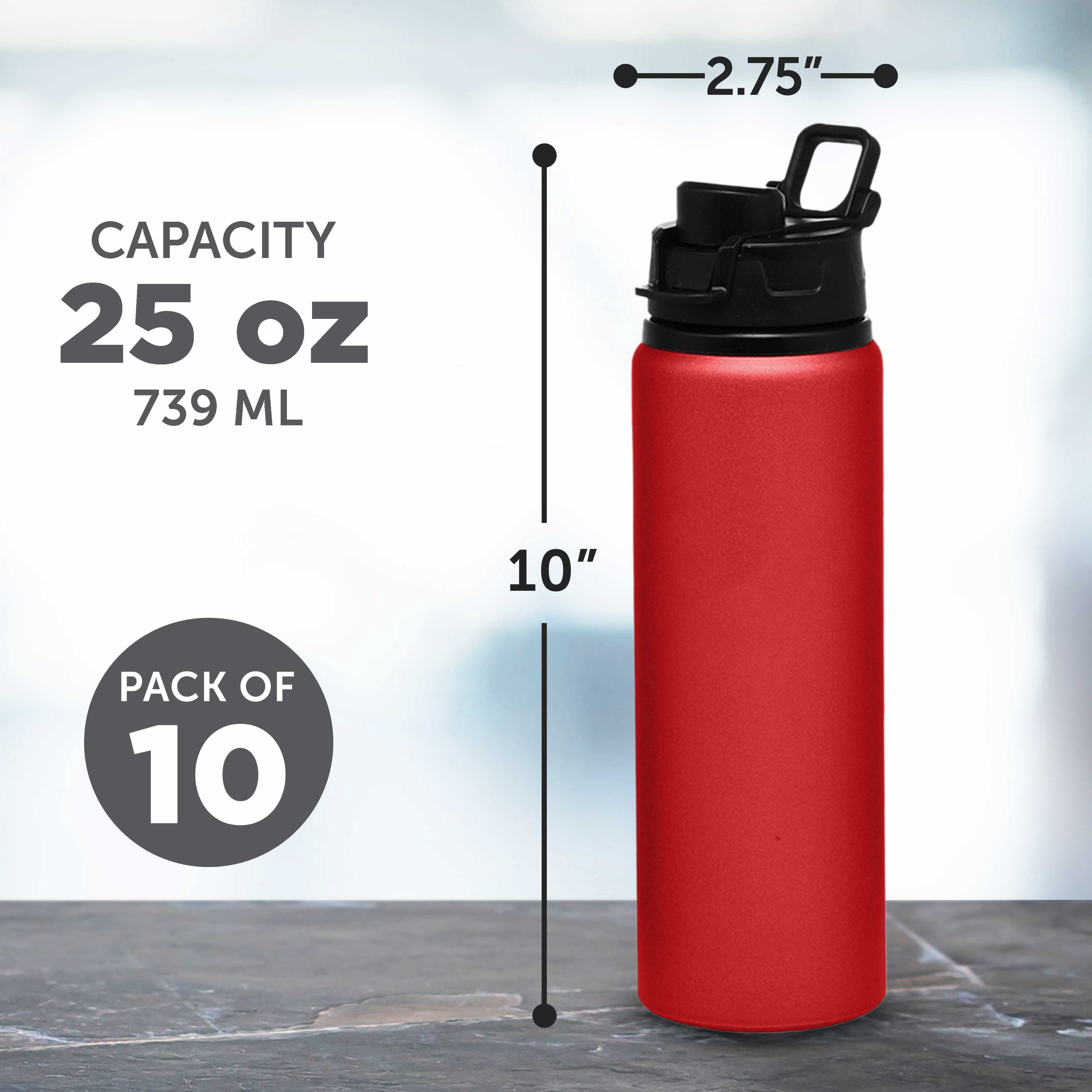 Aluminum Water Bottles with Snap Lids 25 oz. Set of 10, Bulk Pack - Reusable, Great for Gym, Hiking, Cycling, For School - Red