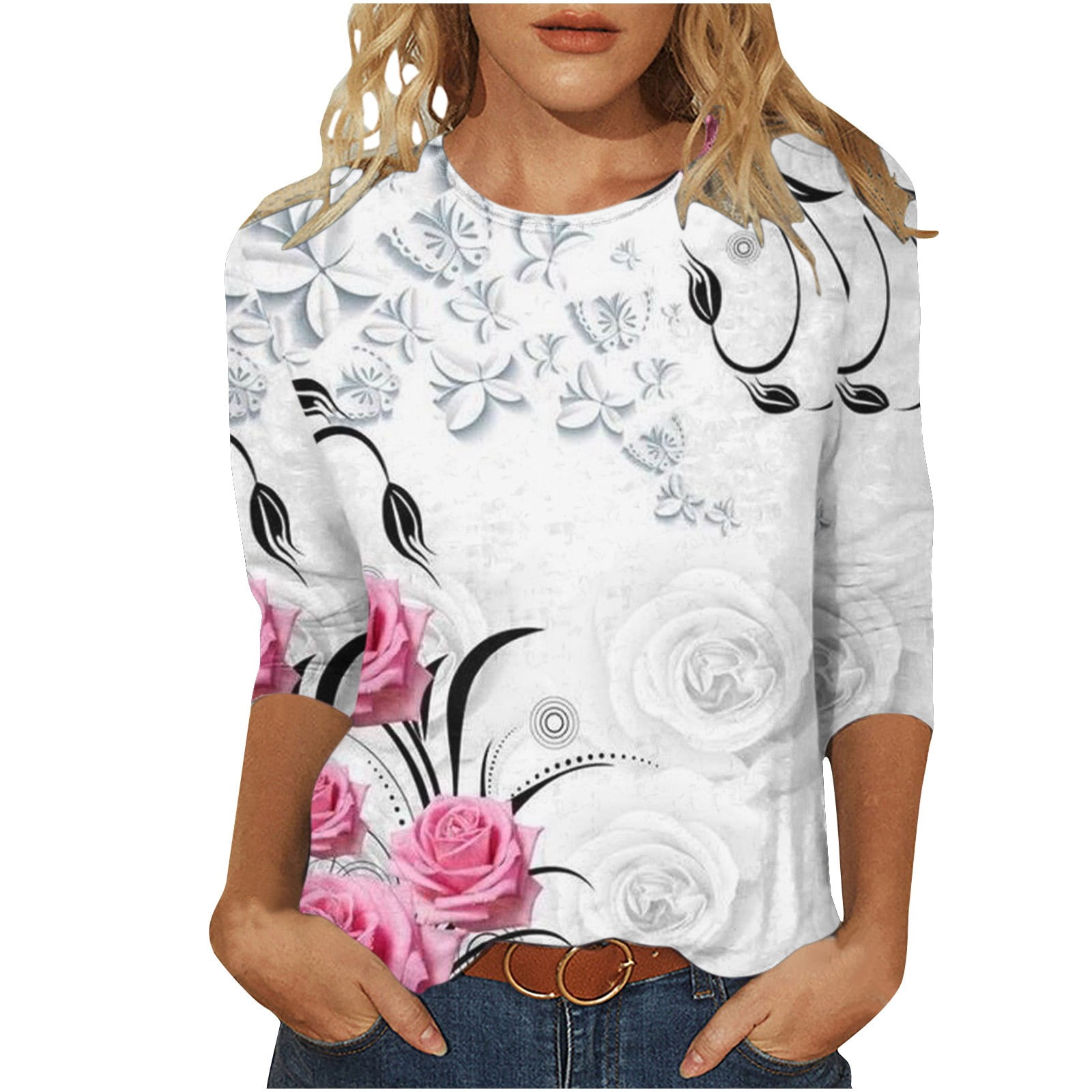 Pbnbp Womens 3/4 Sleeve Summer Tops Fashion Floral Crewneck Summer Tops