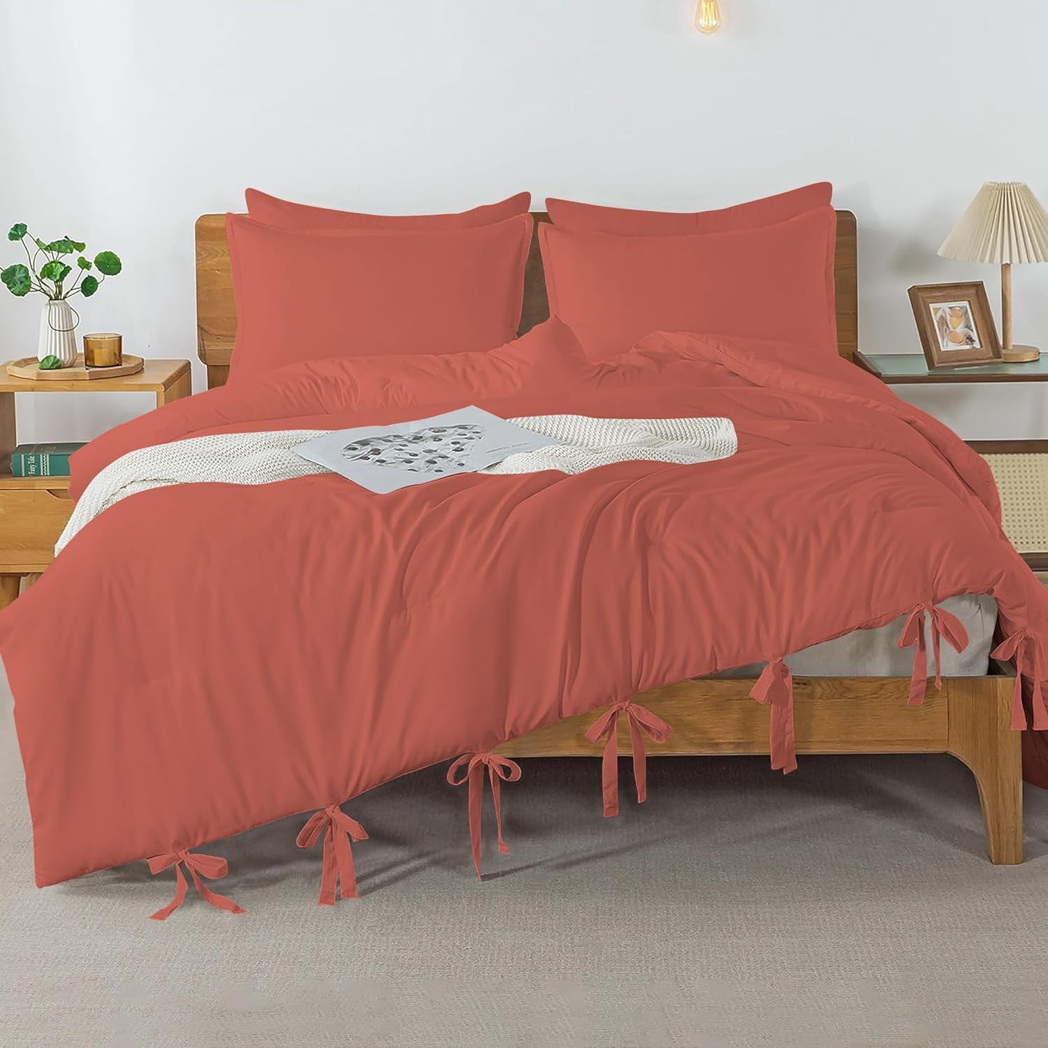 3 Piece Luxury Bottom Tie Pattern Comforter Set, 800 TC, 100% Egyptian Cotton, Super King Size Brick Red Solid
