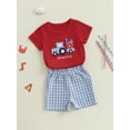 thumbnail image 4 of Baby Toddler Boys Summer Clothes for 4th of July, 6 12 18 24 Months 2T 3T 4T Short Sleeve Embroidery Truck T-shirt with Plaid Shorts for Independence Day, 4 of 9