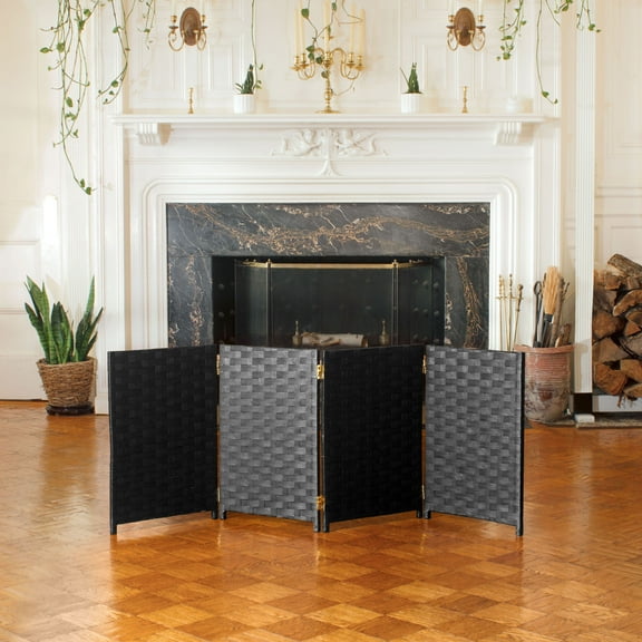 Red Lantern 2 ft. Short Woven Fiber Folding Screen - Black - 4 Panel