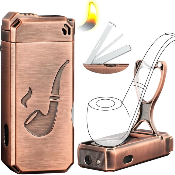 MEC Pipe Lighter, Built-in Stand, 3 in 1 Cleaner Tools, Refillable Butane, Gas Window with Angled Soft Flame, Pipe Gift Butane not Included