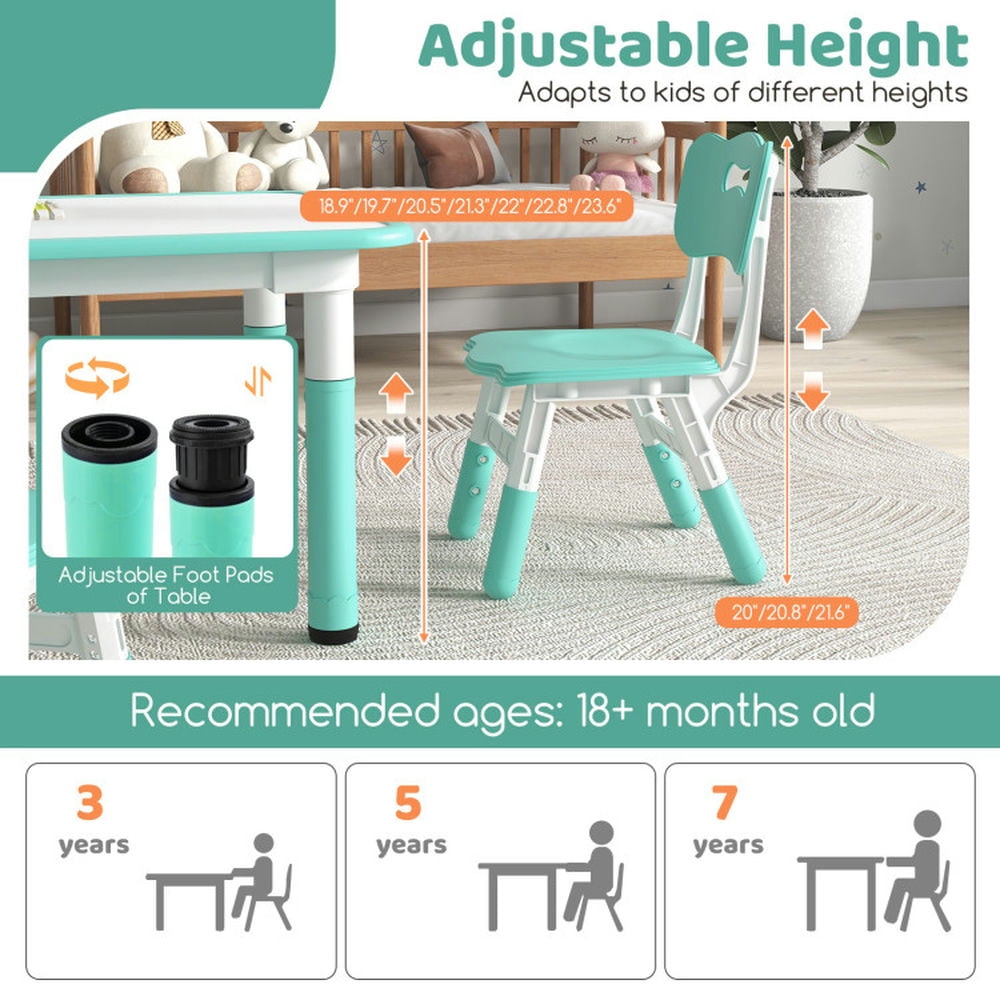 Resenkos Kids Table and Chairs Set for 4 with Graffiti Desktop-Green, Small Folding Table for Arts & Crafts, Snack Time, Homeschooling, Homework