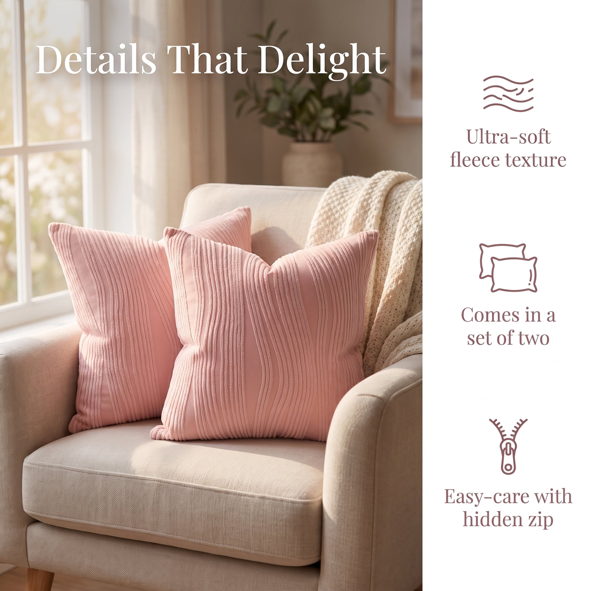 Unique Bargains 2Pcs Wave Textured Throw Pillow Cover Jacquard Cushion Cases Pink 18"x18"