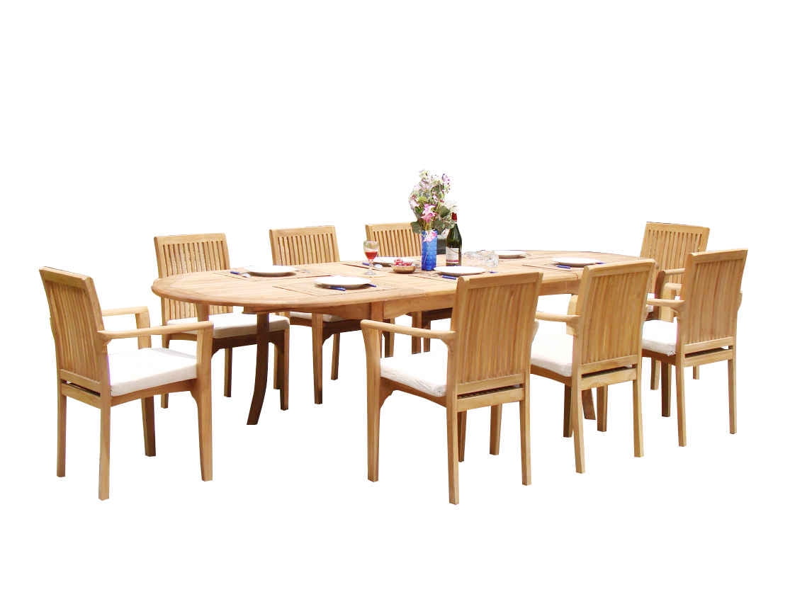 117" Teak Oval Dining Set with 8 Stacking Arm Chairs