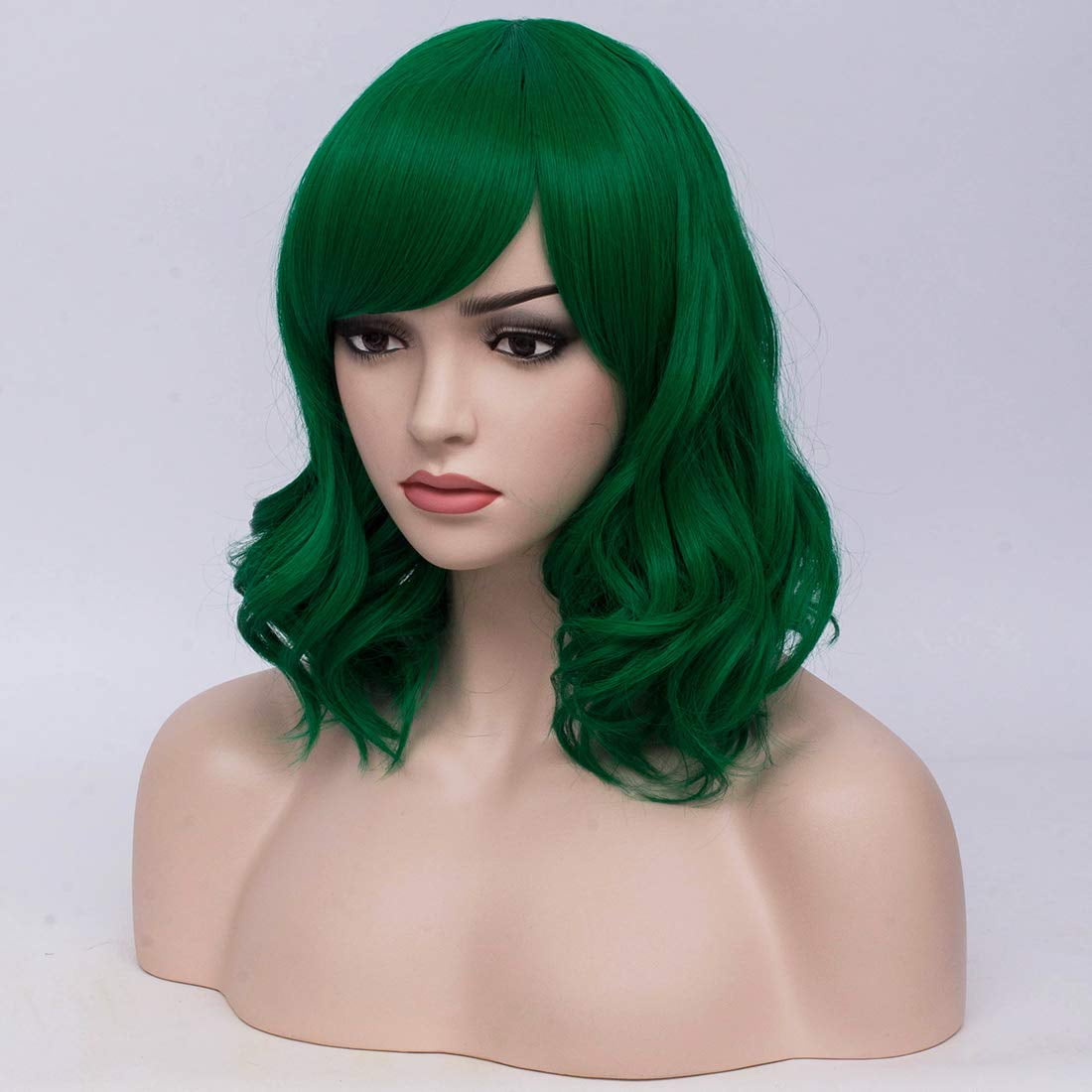 BERON Dark Green Short Wigs Curly Wavy Women Wig with Side Part Bangs Synthetic Hair Wigs