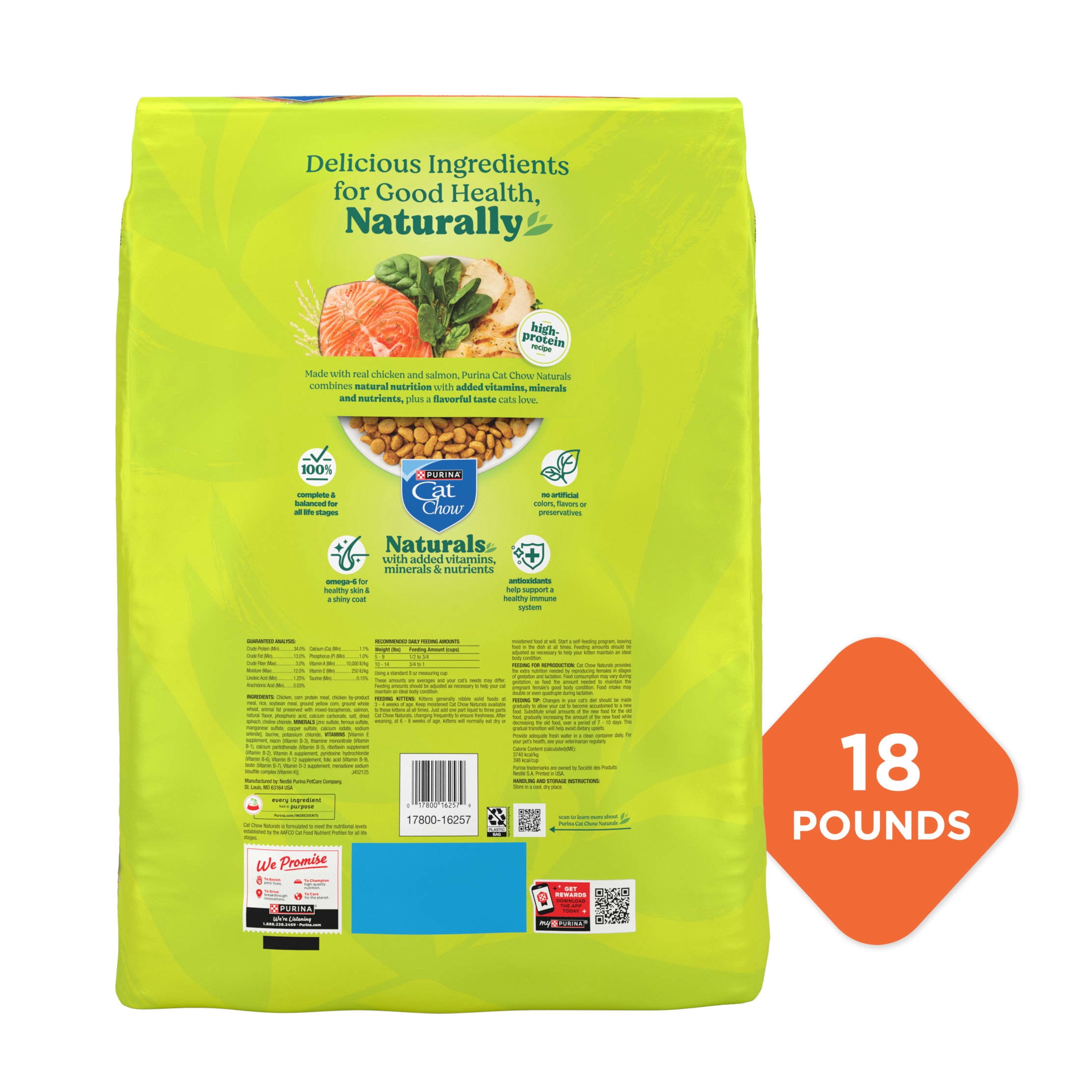 (3 pack) Purina Cat Chow Naturals with Real Chicken Dry Cat Food, 18 lb.