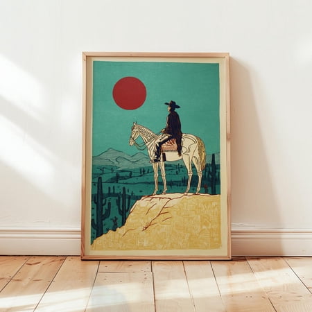Western Cowboy Desert Horse Rider Cactus Landscape Poster Striking Nature Inspired Theme For Living Room And Gallery Wall Decor