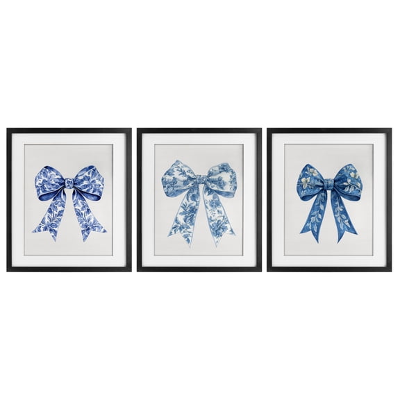 Vintage Toile Pattern Bows 3 Piece Black Framed Print Under Glass Set, design by Lettered and Lined