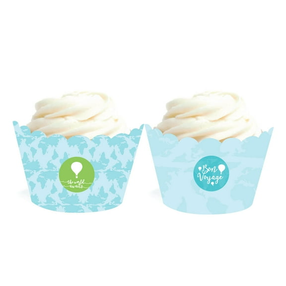 Hot Air Balloon Adventure World Map Party, Blue Green, Cupcake Wrappers, 20-Pack