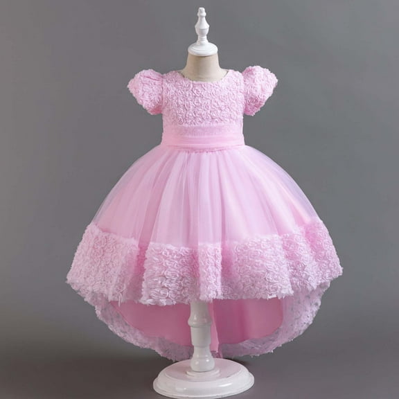 Lilgiuy Children Special Occasion Dress Rose Flower Train Skirt Cake Princess Dress Girl Bowknot Puffy Gown Dress for Photoshot (Pink,6-7 Years)