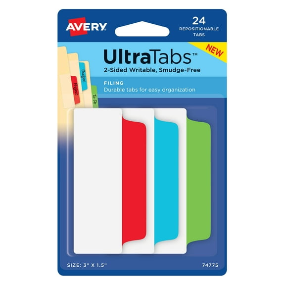 Filing Ultra Tabs, 3" x 1.5", 24 File Tabs, Assorted Colors