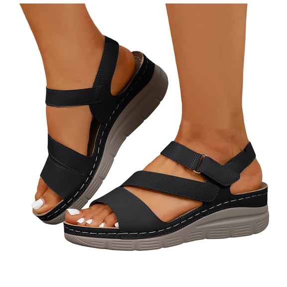 Rokment Women's Orthopedic Walking Sandals with Arch Support Comfortable Stylish Casual Leather Platform Wedge Orthotic Beach Summer Dressy Shoes Black Size 6