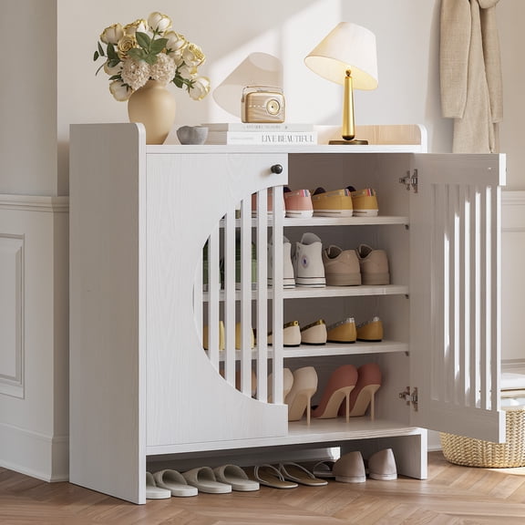 LIKIMIO 2-Door 4-Tier Wood Shoe Storage Cabinet, Freestanding Narrow Shoe Rack Organizer with Adjustable Shelves for Entryway Hallway, White