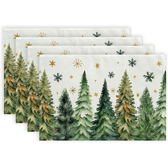 Christmas Placemats 12x18 Inch Set of 4, Xmas Trees Snowflakes Winter Seasonal Holiday Farmhouse Kitchen Dining Table Decoration for Indoor Outdoor Dinner Party Décor Light Green