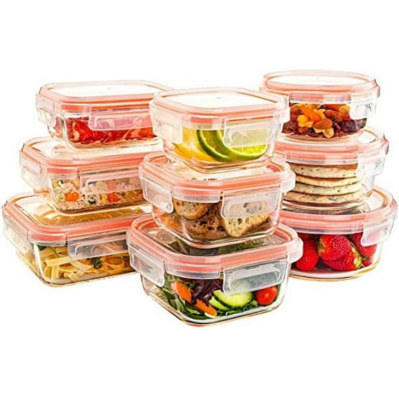 Jinamart Glass Food Storage Containers with LID - Airtight Meal Prep Container, Transparent Lunch Box Set, Microwave Safe & Easy to Wash, Leak Proof Fridge Organizer and Storage Containers (Set of 9)