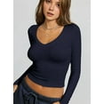 thumbnail image 4 of Long Sleeve Shirts for Women 2025 Fall Fashion V Neck Basics Crop Tops Slim Fitted Y2K Tops Outfits Clothes Dark Blue L, 4 of 6