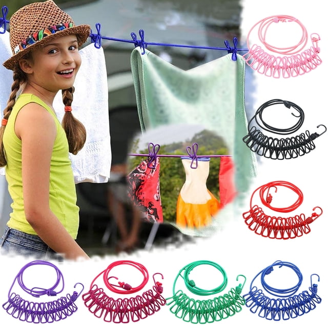 Meitianfacai Portable Travel Clothesline Cord, Retractable Outdoor Camping Clothes Line with 12 Clips, Windproof Non-Slip Drying Rope for Trip, Camping