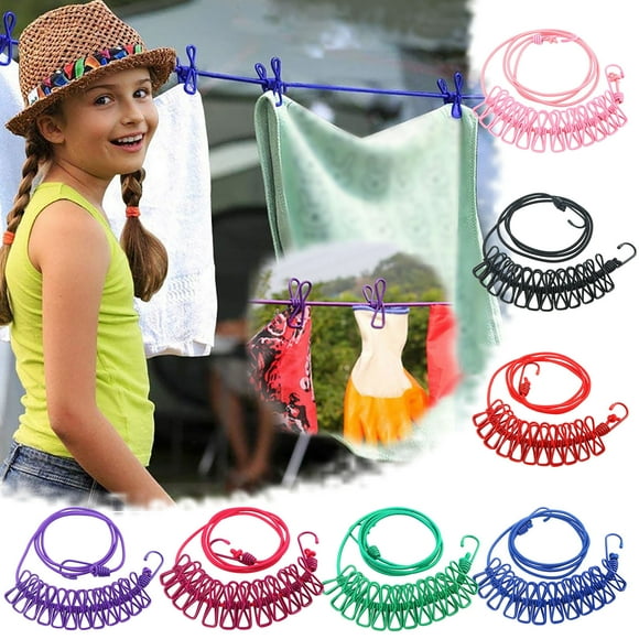 Meitianfacai Corde à Linge de Voyage Portable, Corde à Linge Rétractable pour Camping Extérieur avec 12 Pinces, Corde de Séchage Antidérapante Coupe-Vent pour Voyage, Camping