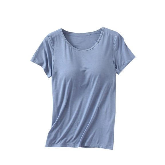 Wdfiry Plus Size Pajama Tops for Women Short Sleeve Summer Crewneck Shirts with Built in Bras Loungewear Sleepwear