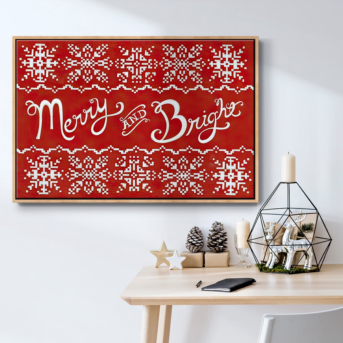 Fair Isle Snowflake I - Framed Gallery Wrapped Holiday Canvas - 27 x 41 - Natural Wood Frame