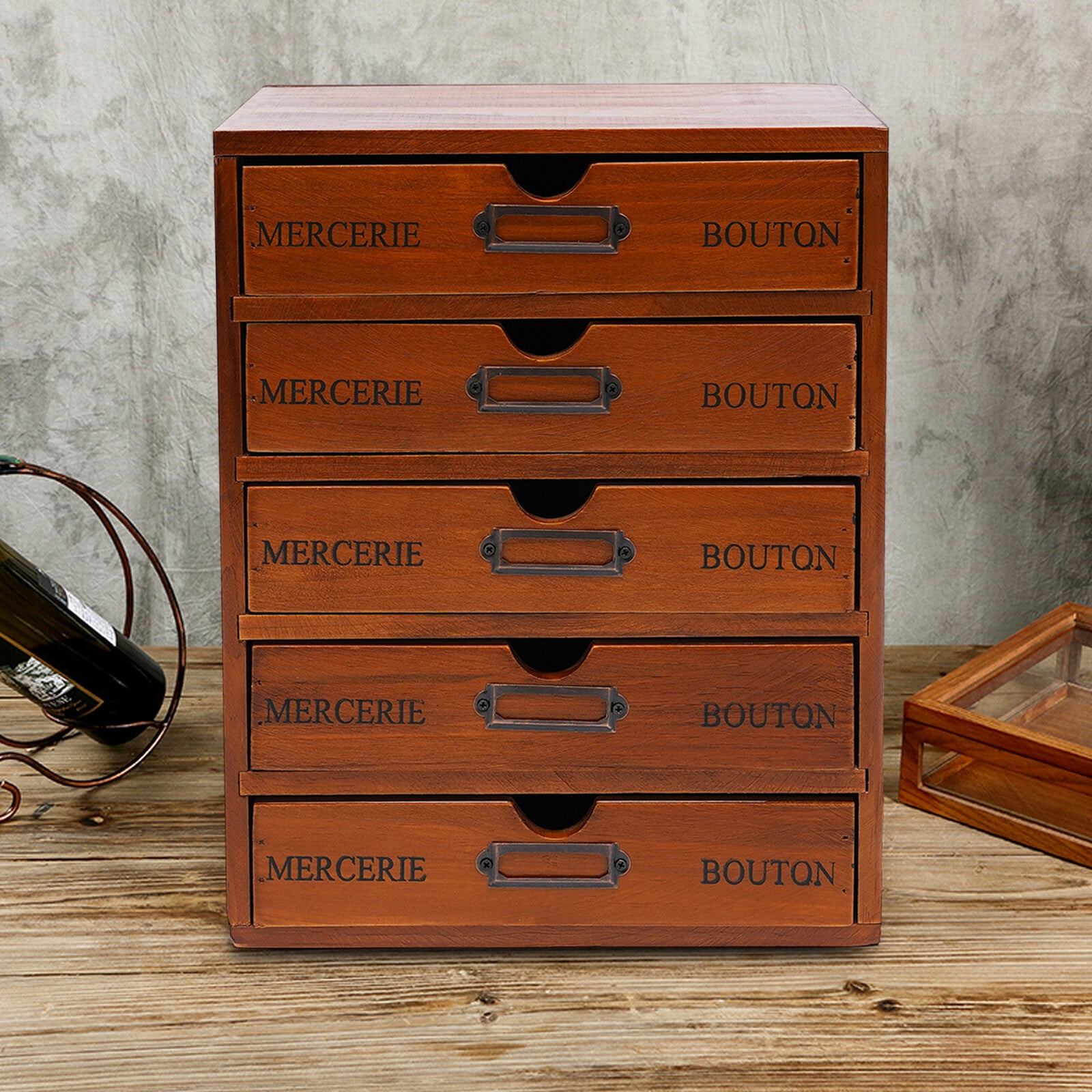 5-Drawer Retro Pine Wood Desk Organizer,Freestanding, 1.02lbs Capacity - with Label Slots & Ergonomic Handles,Ideal for Office & Home,Brown
