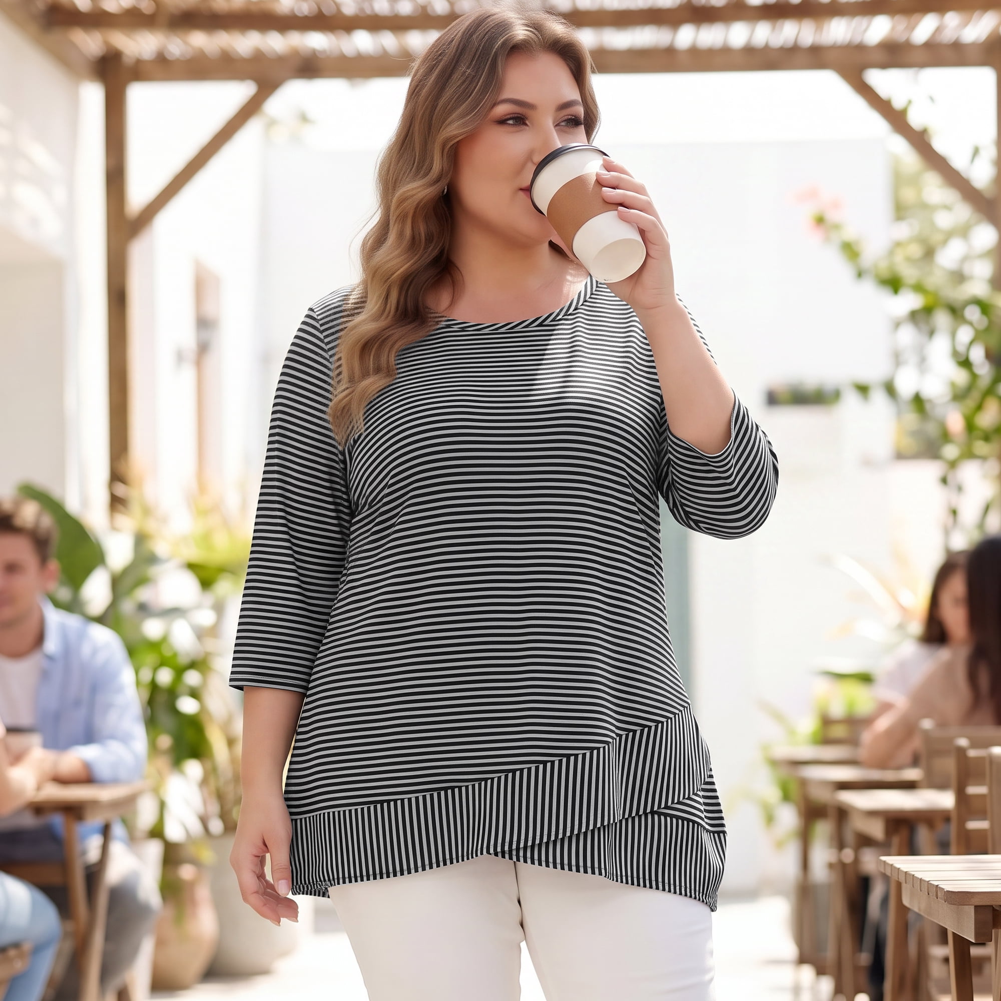 DARING DIVA Women's Plus Striped Loose Tunic Top Scoop Neck High Low Hem Blouse 3X Gray