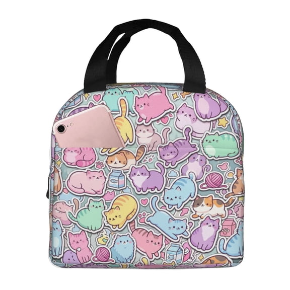 Cat Lunch Bag Cute Cartoon Pattern Reusable Cooler Tote with Front Pocket Handheld Portable Meal Prep Bag for Work Office Picnic Daily Use Animal Print
