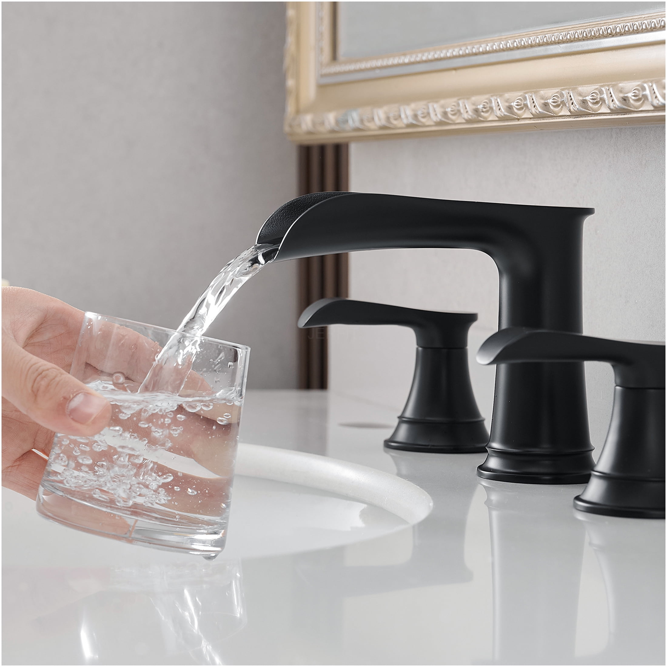 JERFIT 8-inch Widespread Bathroom Sink Faucet, 3-Hole Matte Black Vanity Faucet with Lever Handles and Pop-Up Drain
