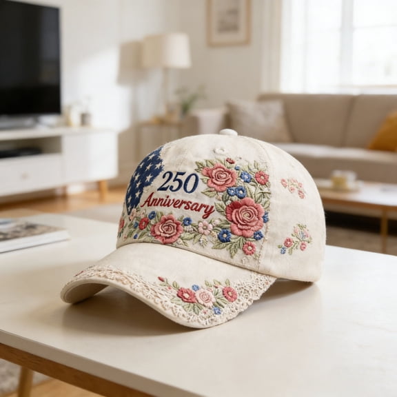 US Vintage Country Style 250th Anniversary Hat Rose Floral Embroidery American Flag Baseball Cap Color White Size 20x18x3 cm