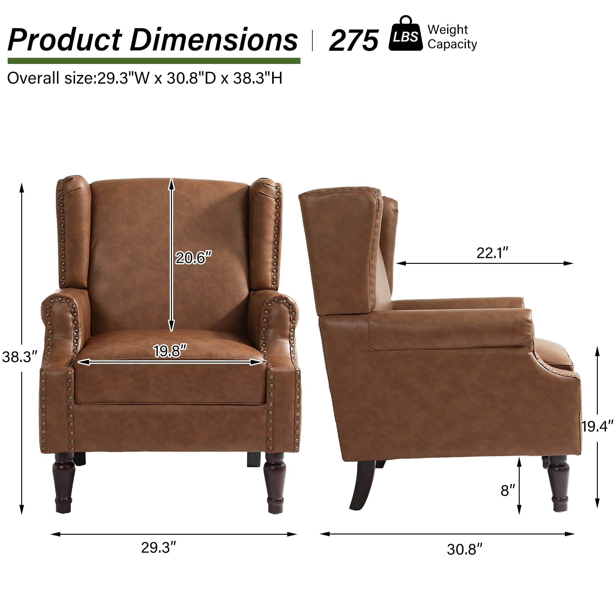 DREAMSIDEA Faux Leather Wingback Accent Chair with Nailhead Trim & Retro Wood Legs,High Back Wing Chair for Living Room-Brown