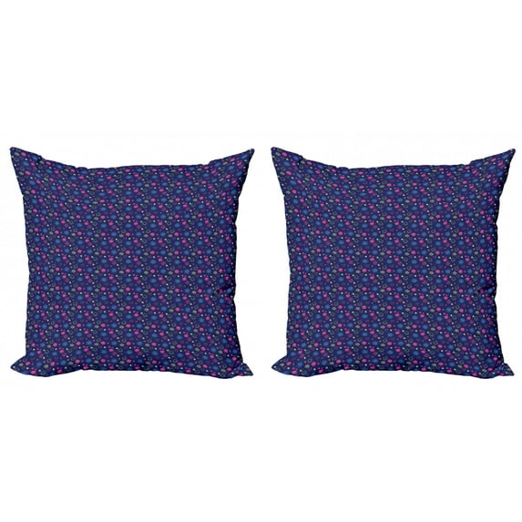 Ambesonne Cartoon Throw Pillow Cover 2 Pack, Smiling Face Flowers Hearts, 20", Dark Blue Yellow Pink