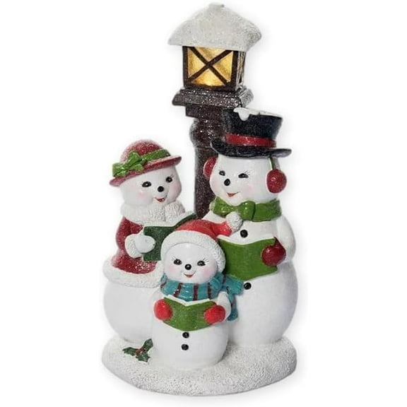 The Bridge Collection 10" Light-Up Snowman Family with Festive Lamp Post Figurine - Glowing Christmas Caroling Snowmen Figurine - Novel