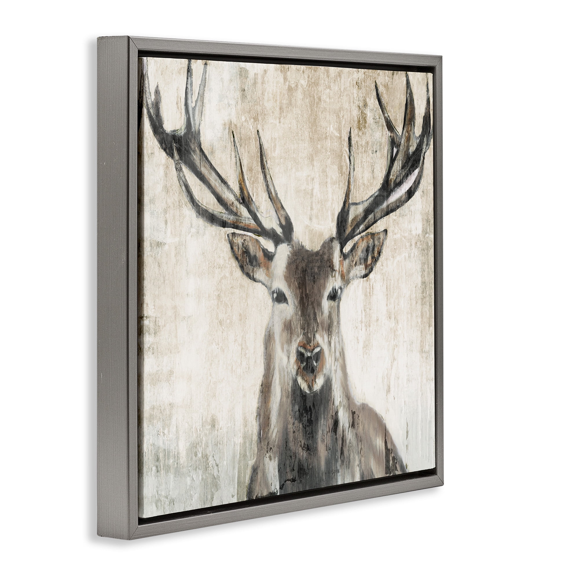 Stupell Industries Rustic Deer Elk Wildlife Portrait Animals & Insects Painting Gray Floater Framed Canvas Art Print Wall Art, 25 x 25
