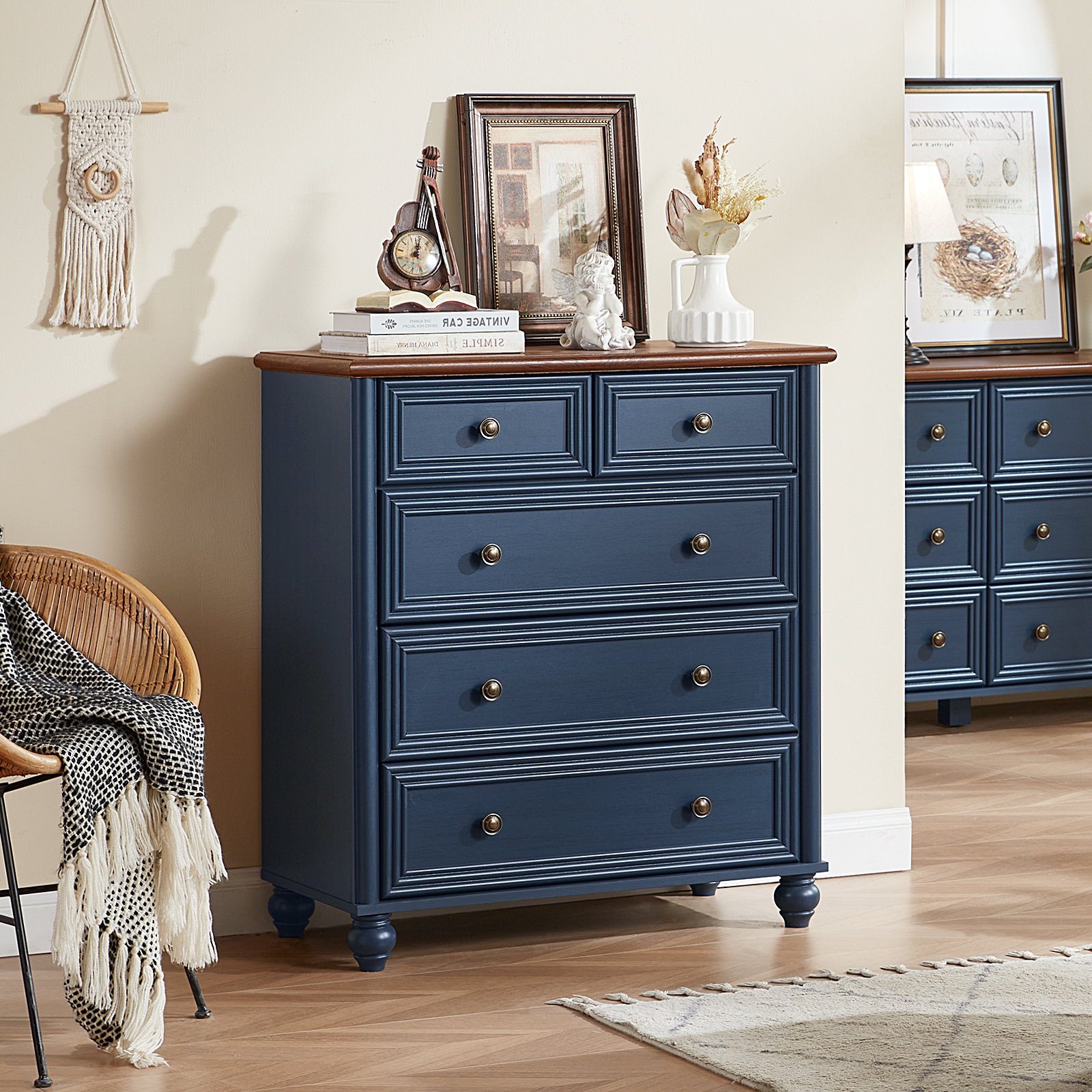 LELELINKY Dresser with 5 Drawers, Wood Tall Chest, Built-in Handle Drawers for Bedroom, Home, Living Room, Hallway - Blue