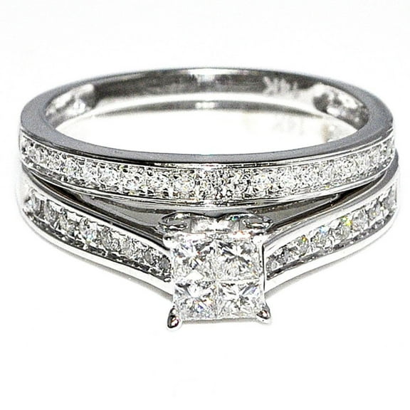Princess Cut Diamond Bridal Rings Set 14k White Gold 0.56cttw Quad Center with Pave Sides(i2/i3, i/j)