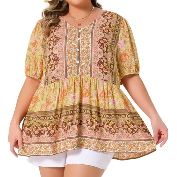 DARING DIVA Women's Plus Boho Floral Print V Neck Blouse 4X Yellow