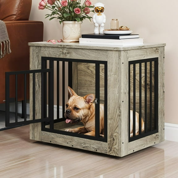 ModFusion 27" Small Dog Crate and Gray Side Table with Adjustable Legs and Secure Door