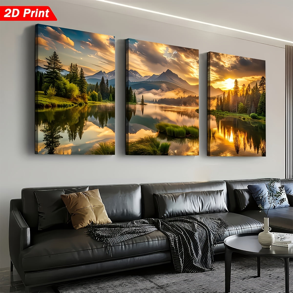 [Holiday Gift] 2D Flat, [2D/Flat Print] Framed Canvas Painting And Poster, Ready to Hanging, Natural Sunrise, Forest, Trees, Lakes, Modern Artistic Landscapes, Home Decor, Wall Art, Room Decoration,