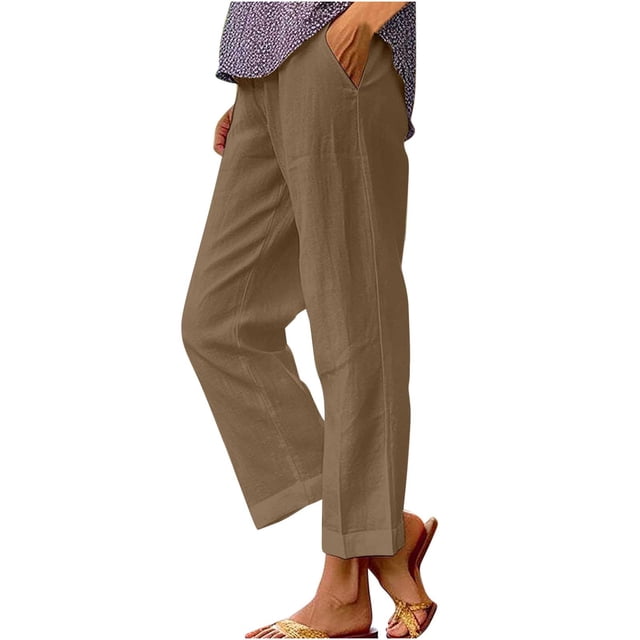 Dealovy Womens Cotton Linen Pants Plus Size Elastic High Waisted Solid Color Lightweight Summer Trousers