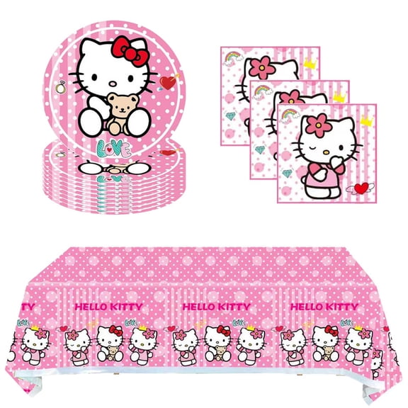 41pcs Kitty Party Supplies include 20 plates, 20 napkins, 1 Tablecloth for the Kitty birthday party decoration