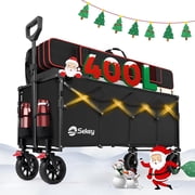 Sekey 43'' Extended Collapsible Wagon 400L Large Capacity, 440LBS Heavy Duty Folding Utility Garden Cart with Big All-Terrain Wheels & Drink Holders for Camping, Sports, Beach.Black