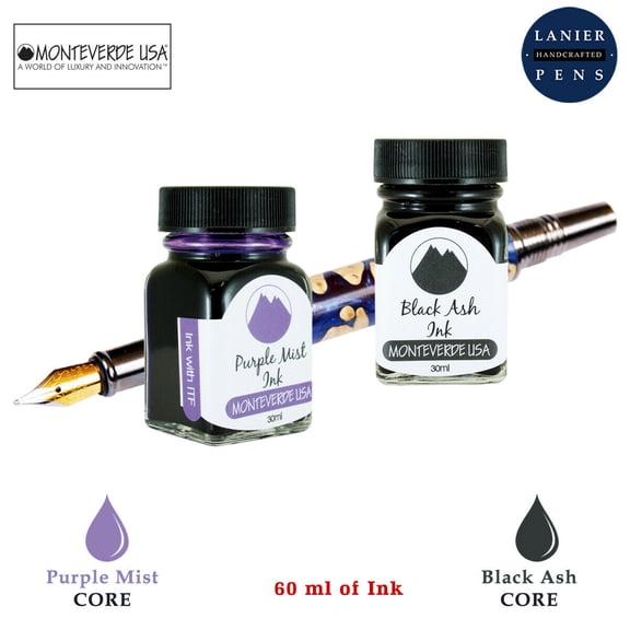 Monteverde 60ml Core Fountain Pen Ink Bottle (30ml Purple Mist Ink Bottle G309PM, 30ml Black Ash Ink Bottle G309BA)