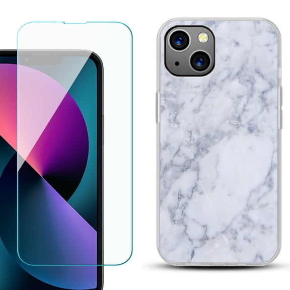 Slim-Fit Gel TPU Phone Case for iPhone 13 Mini, with Tempered Glass Screen Protector, by OneToughShield ® - Marble / Clouds