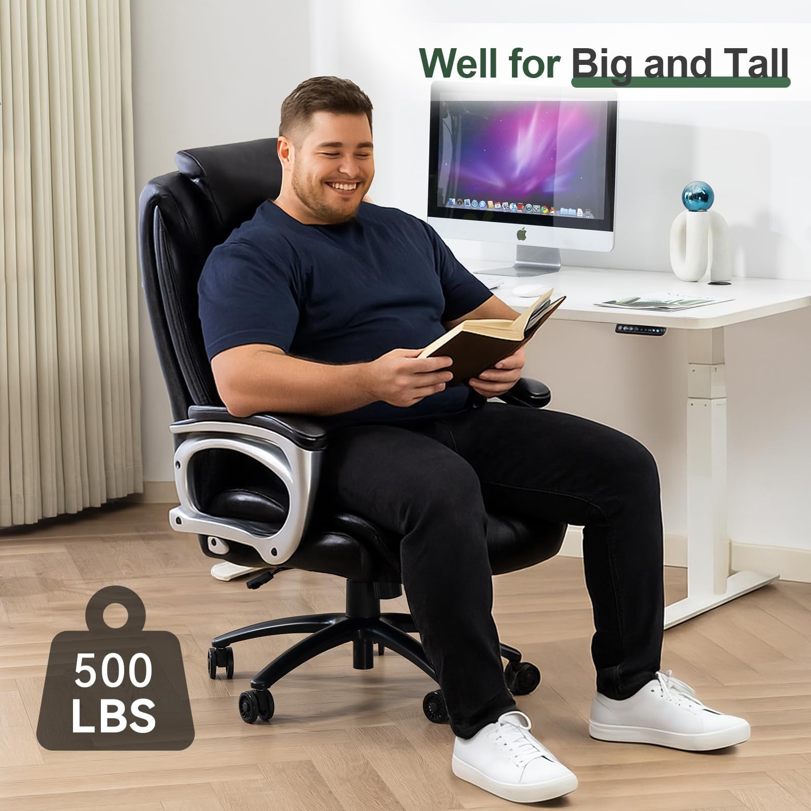 Big and Tall Office Chair 500lbs, Heavy Duty Executive Office Chair, Adjustable Height High Back Ergonomic PU Leather Desk Chair, 360° Swivel Rolling Wheels for Home Office (Black)