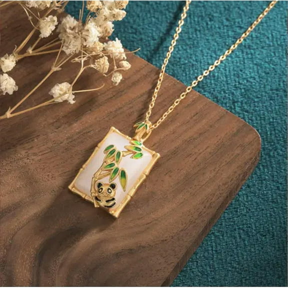 K-KED Jade Crystal Pendant Necklace Panda Charm 18K Gold Plated Bamboo Dainty Gemstone