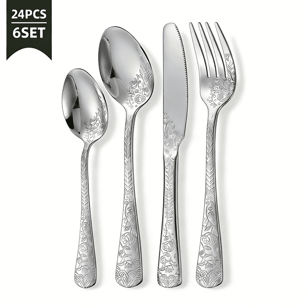 Juego de Cubiertos Florales de 24 Pzas para 6 Utensilios de Acero Inoxidable Incluyendo Tenedor Cuchara y Cuchillo Espejo Pulido para Hogar Restaurante Apto para Lavavajillas